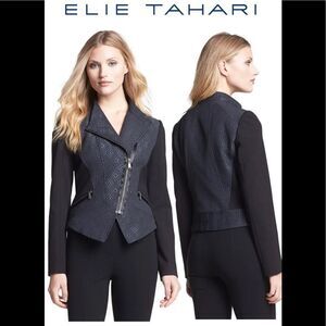 Ellie Tahari Viola' black faux leather printed blazer Jacket size 10